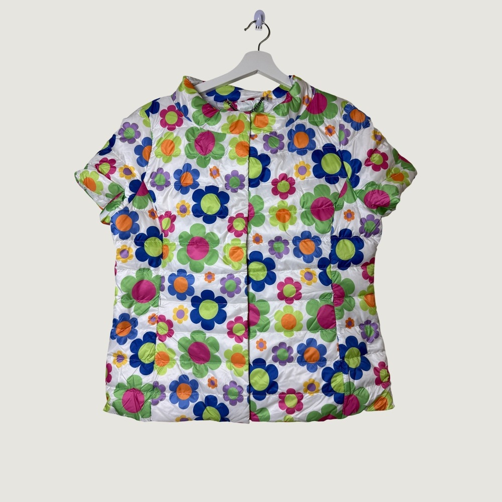 My Anorak Womens Floral Short Sleeve Down Puffer Jacket Size L Retro Maximalist